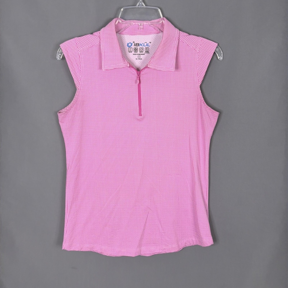 IBKUL Top Womens Small Pink Gingham Sleeveless 1/4 Zip Golf Polo Shirt UPF 50+